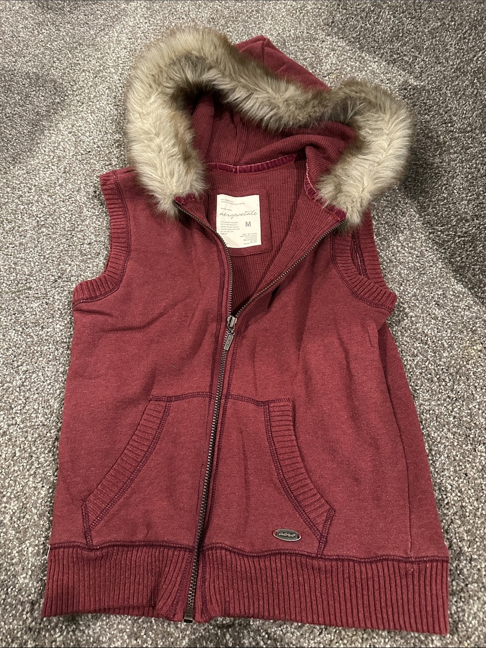 Aeropostale Maroon Hooded Faux-Fur Trim Vest